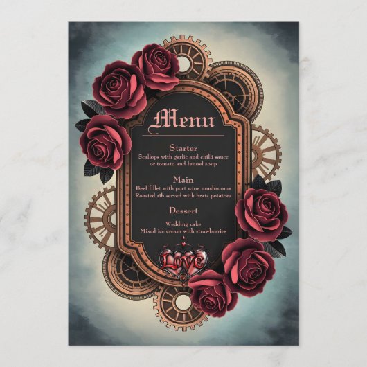 Steampunk Lijst met Red Roses en Gears Menu (Voorkant)