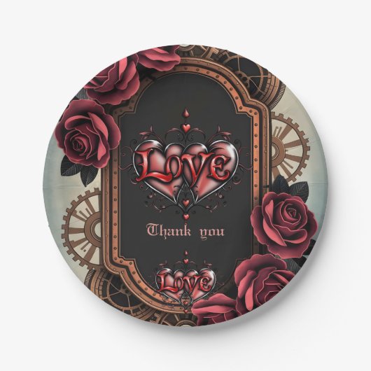 Steampunk Lijst met Red Roses en Gears Papieren Bordje (Voorkant)