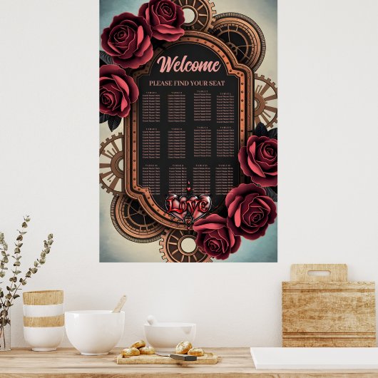 Steampunk Lijst met Red Roses en Gears Poster (Keuken)