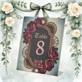 Steampunk Lijst met Red Roses en Gears Reclamebord Met Voetstuk