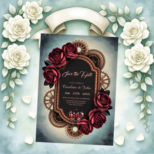 Steampunk Lijst met Red Roses en Gears Save The Date