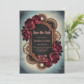 Steampunk Lijst met Red Roses en Gears Save The Date (Staand voorkant)