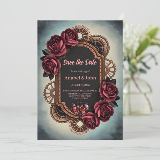 Steampunk Lijst met Red Roses en Gears Save The Date (Staand voorkant)