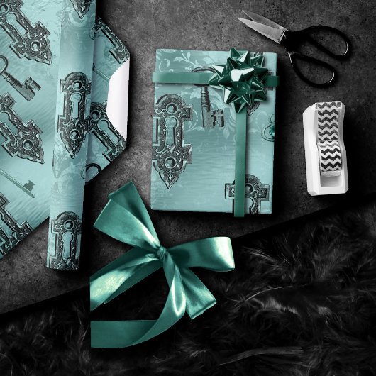 Steampunk Lock en Key Blauwgroen | ontkoppeling Cadeaupapier