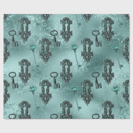 Steampunk Lock en Key Blauwgroen | ontkoppeling Cadeaupapier (Vlak)