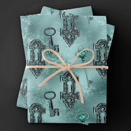 Steampunk Lock en Key Blauwgroen |  ontkoppeling Inpakpapier Vel