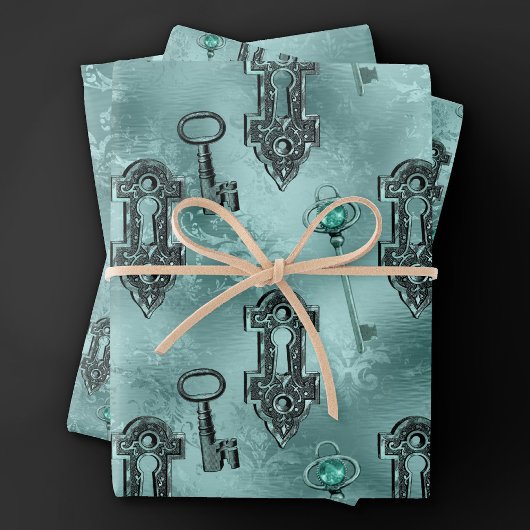 Steampunk Lock en Key Blauwgroen |  ontkoppeling Inpakpapier Vel