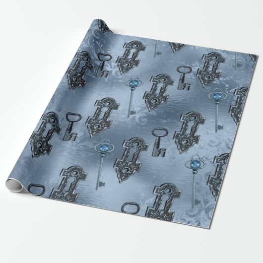 Steampunk Lock en Key Blue |  ontkoppeling Cadeaupapier (Uitgerold)