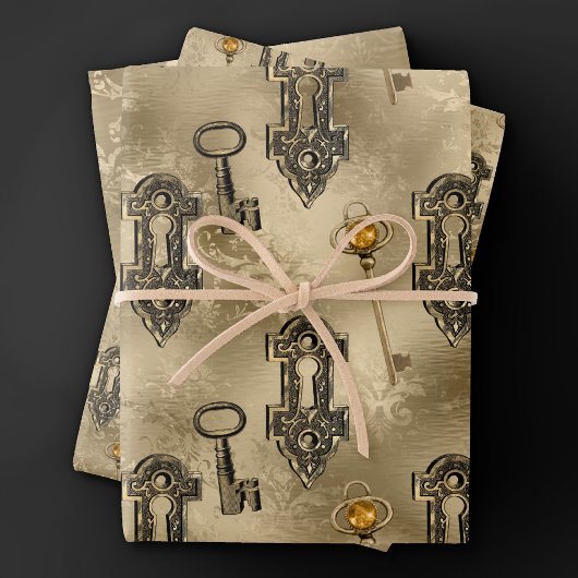 Steampunk Lock en Key Gold |  ontkoppeling Inpakpapier Vel