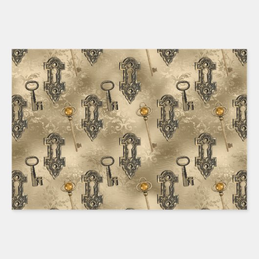 Steampunk Lock en Key Gold | ontkoppeling Inpakpapier Vel (Voorkant)