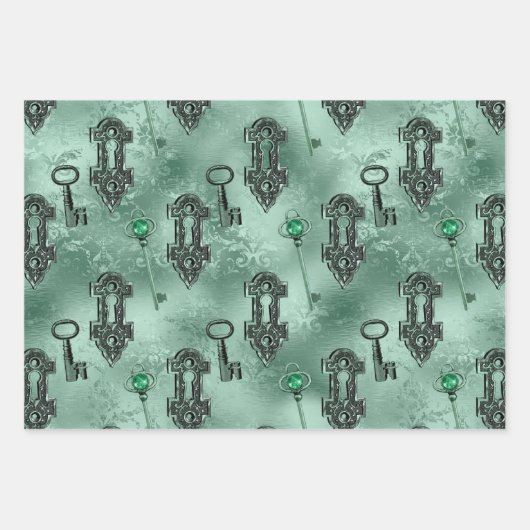 Steampunk Lock en Key Green |  ontkoppeling Inpakpapier Vel (Voorkant)