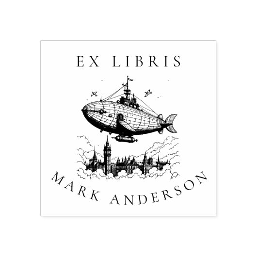 Steampunk London Airship Bookplate Stamp Rubberstempel (Afrduk)