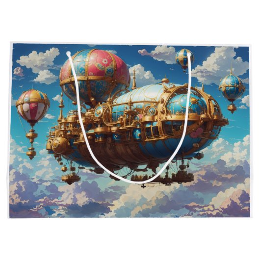 Steampunk luchtschip en ballonnen in de lucht groot cadeauzakje (Achterkant)
