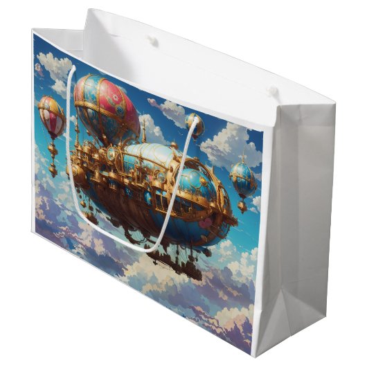 Steampunk luchtschip en ballonnen in de lucht groot cadeauzakje (Voorkant Gekanteld)