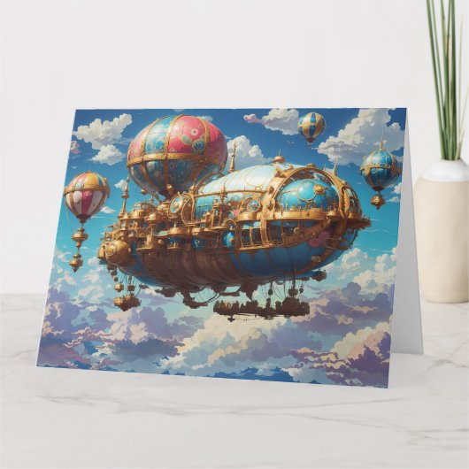 Steampunk luchtschip en ballonnen in de lucht kaart (Voorkant)