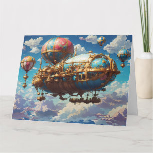 Steampunk luchtschip en ballonnen in de lucht kaart