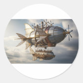Steampunk luchtschip in de wolken ronde sticker (Voorkant)