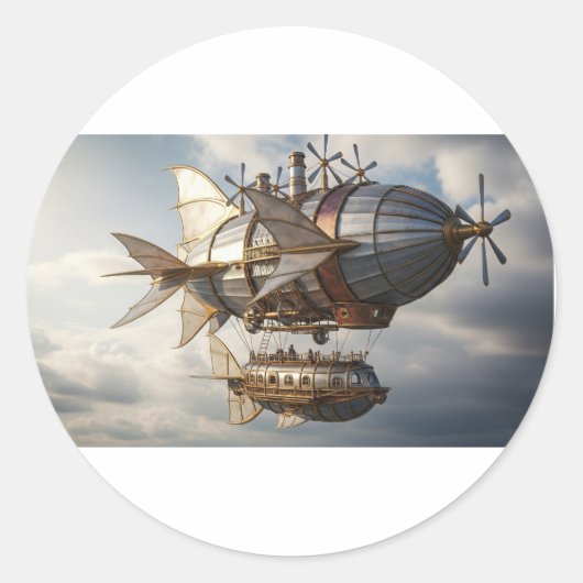 Steampunk luchtschip in de wolken ronde sticker (Voorkant)
