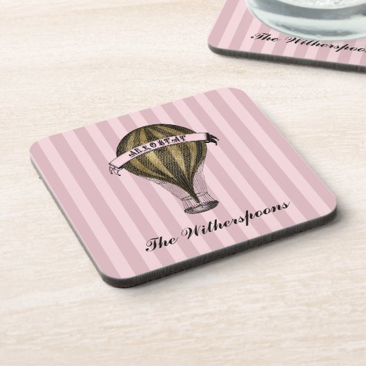 Steampunk-luchtschip op het monogram  roze strepen bier onderzetter (Linkerzijde)