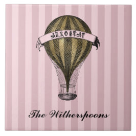 Steampunk-luchtschip op het monogram roze strepen tegeltje