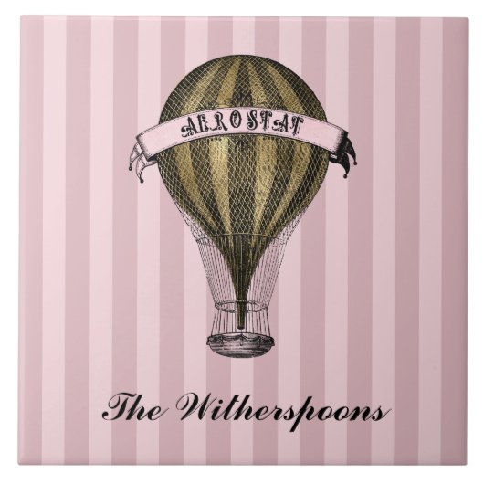 Steampunk-luchtschip op het monogram  roze strepen tegeltje (Voorkant)