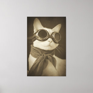 Steampunk Luchtvaartkat Sepia Portret Canvas Afdruk