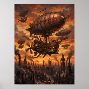 Steampunk Luchtvloot Victoriaanse Stad Zonsonderga Poster