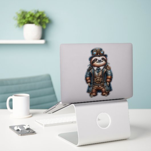 Steampunk luiaard Transparante Sticker (Laptop op bureau)