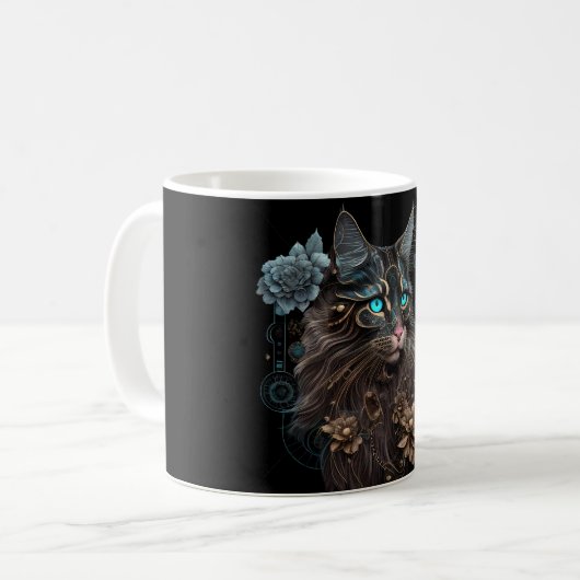 Steampunk magie Maine Coon cat en bloemen AI kunst Koffiemok (Voorkant links)