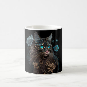Steampunk magie Maine Coon cat en bloemen AI kunst Koffiemok