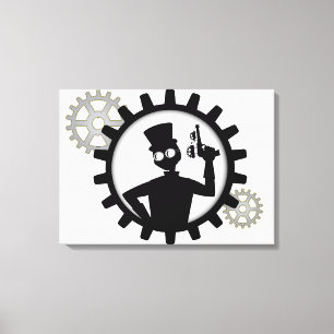 Steampunk Man Holding Pistool in overvloeikoed doe Canvas Afdruk