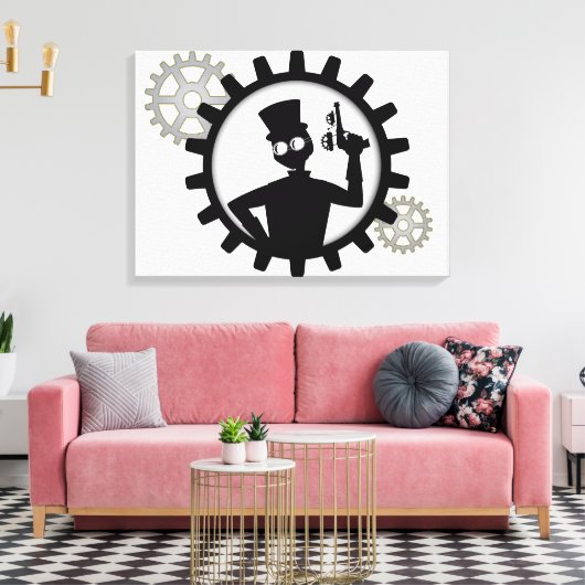 Steampunk Man Holding Pistool in overvloeikoed doe Canvas Afdruk (Insitu (Woonkamer))