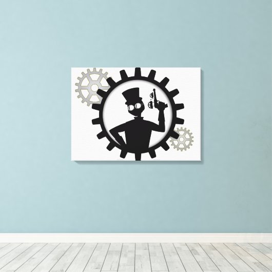 Steampunk Man Holding Pistool in overvloeikoed doe Canvas Afdruk (Insitu (Houten vloer))