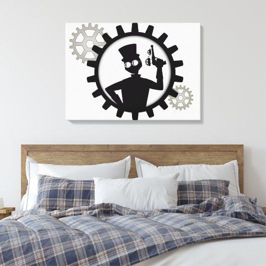Steampunk Man Holding Pistool in overvloeikoed doe Canvas Afdruk (Insitu (Slaapkamer))