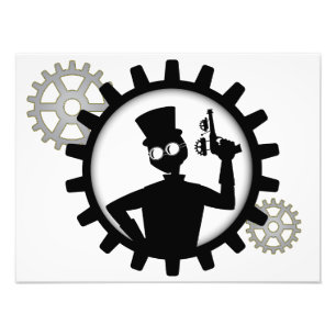 Steampunk Man Holding Pistool in versnellingsbak F Foto Afdruk