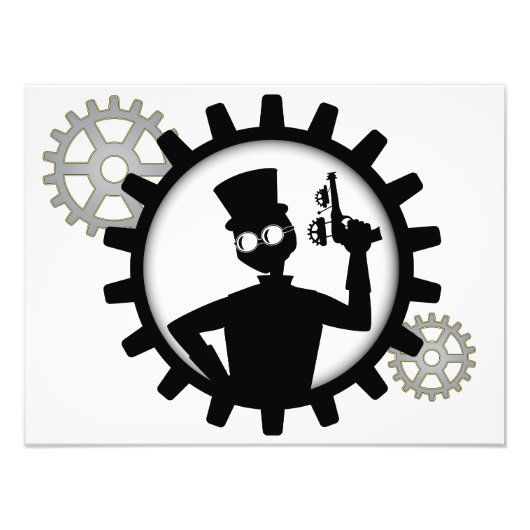 Steampunk Man Holding Pistool in versnellingsbak F Foto Afdruk (Voorkant)