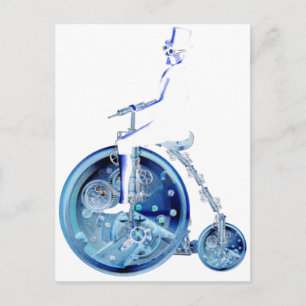 Steampunk man op penny farthing blauw wit neon briefkaart