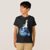 Steampunk man op penny farthing blauw wit neon t-shirt (Voorkant volledig)