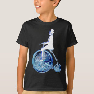 Steampunk man op penny farthing blauw wit neon t-shirt