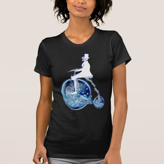 Steampunk man op penny farthing blauw wit neon t-shirt (Voorkant)