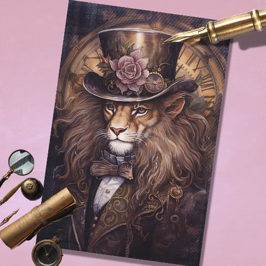 Steampunk Mannelijke Leeuw  Bruin Decoupage Papier