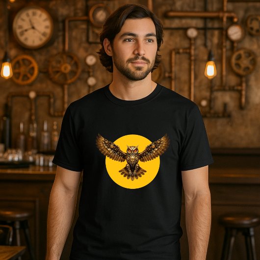 Steampunk Mechanical Flying Owl over Full Moon T-shirt