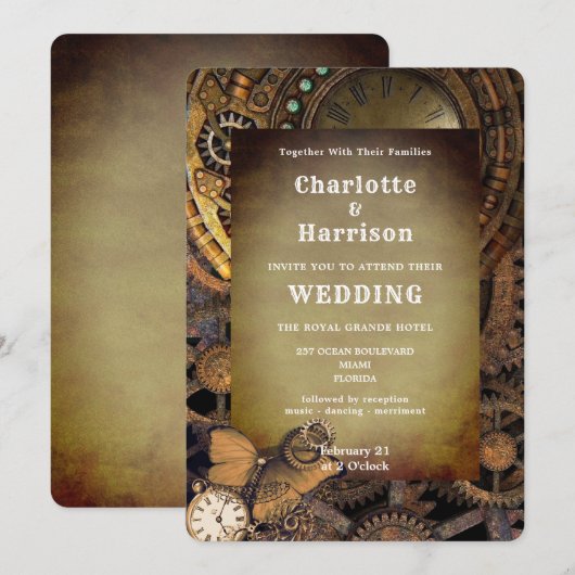 Steampunk Mechanical Gears Butterfly Invit Kaart (Voorkant / Achterkant)