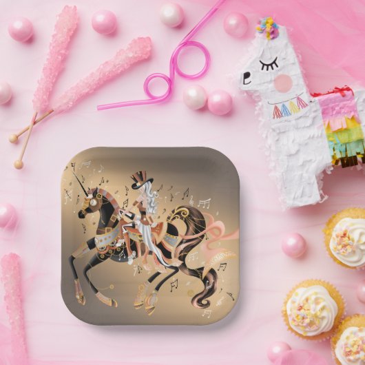 Steampunk Mechanical Horse & Lady Paper-Bord Papieren Bordje (Feest)