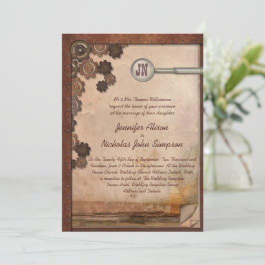 Steampunk Mechanical Writing Set Wedding Invites Kaart (Staand voorkant)