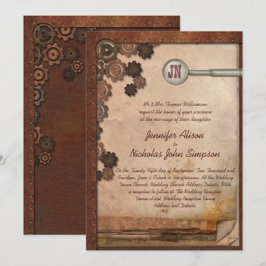 Steampunk Mechanical Writing Set Wedding Invites Kaart (Voorkant / Achterkant)