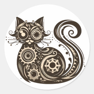 Steampunk Mechanische Kat Ronde Sticker