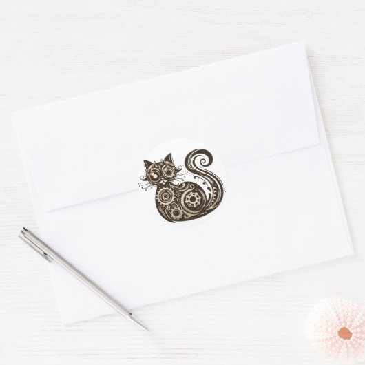 Steampunk Mechanische Kat Ronde Sticker (Envelop)
