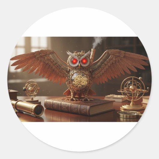 steampunk mechanische uil ronde sticker (Voorkant)