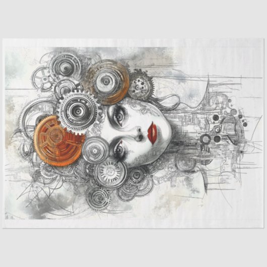 Steampunk Mechanische Vrouw Ephemera M9 Decoupage Tissuepapier (Voorkant)